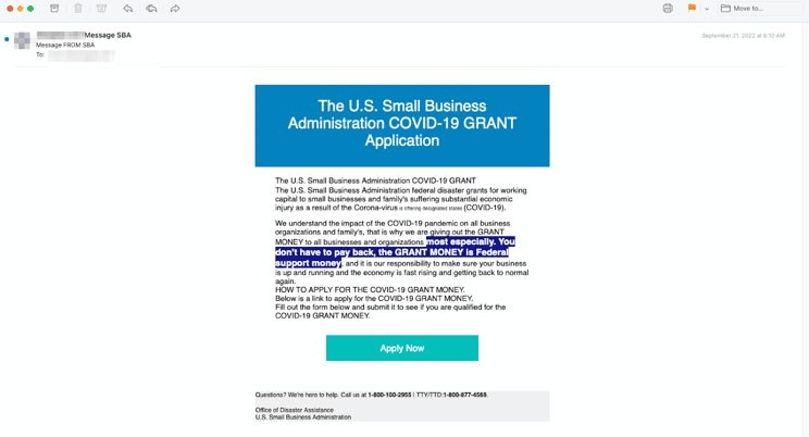 US Small business grant application - phishing email.