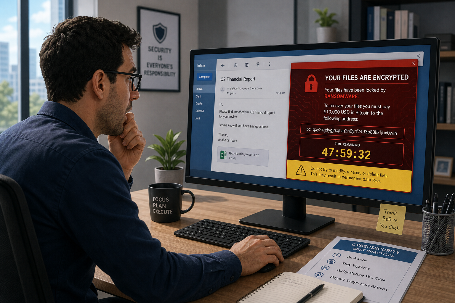 Illustration of an employee opening an email attachment that triggers a ransomware payload