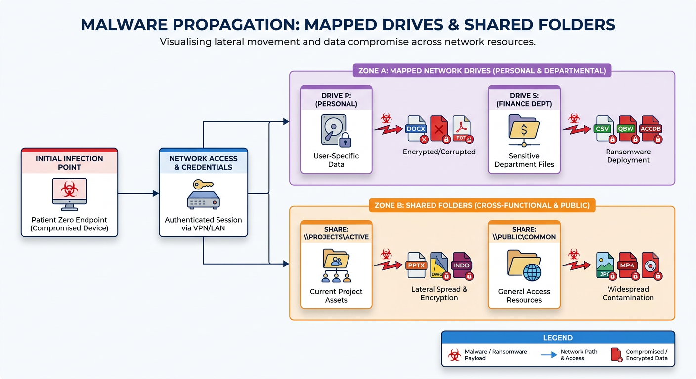 Diagram showing malware spreading across mapped drives and shared folders