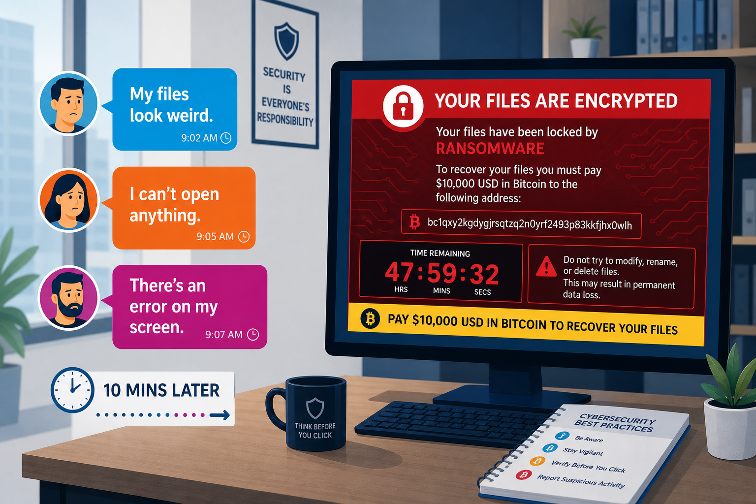 Screenshots of employee messages reporting file errors, next to a screen showing a ransomware demand